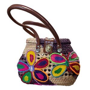 Handwoven Multicolor Straw & Leather Tote Bag With Butterfly Accent